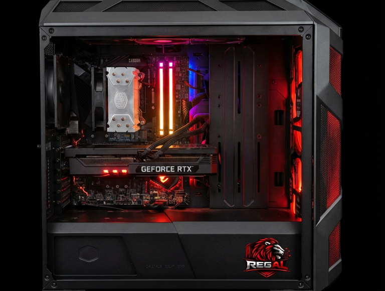 Interior of a custom Regal gaming PC with liquid cooling
