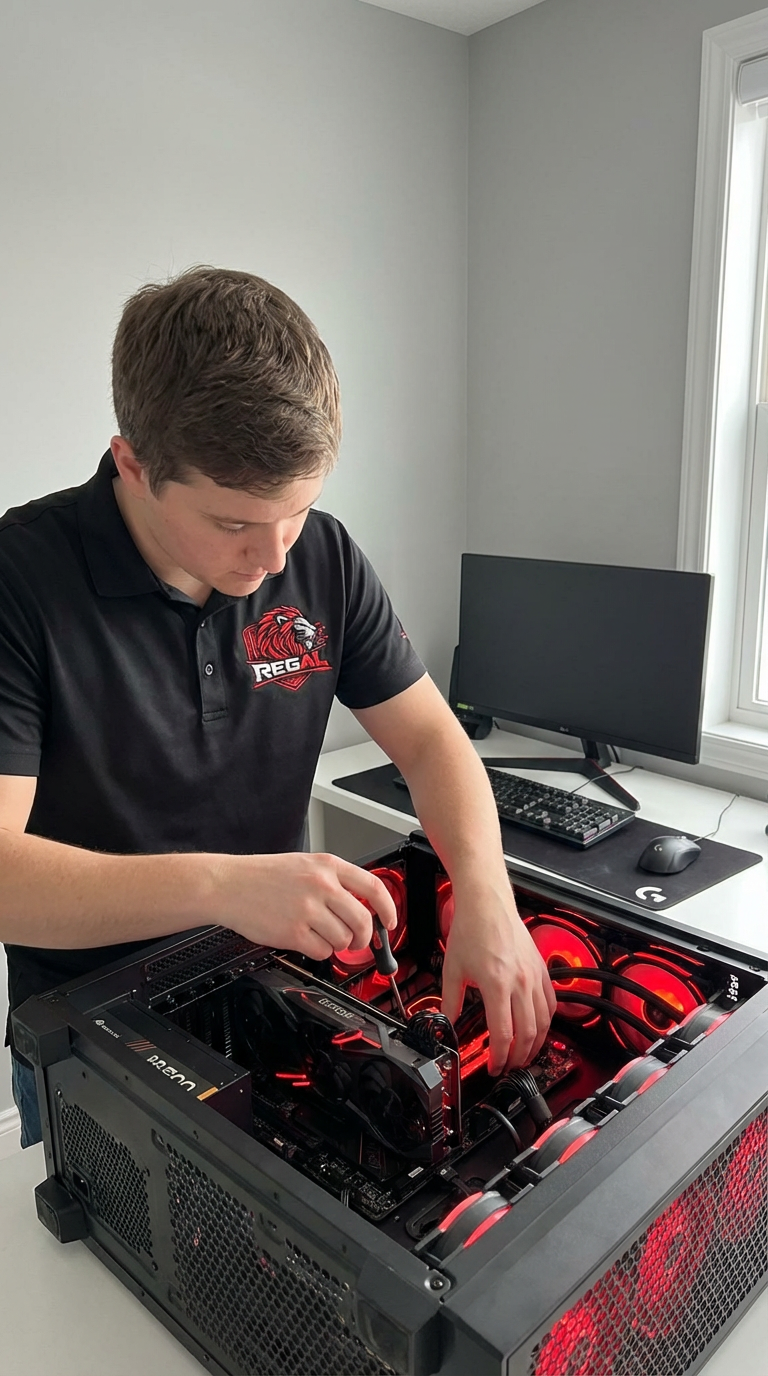 Regal technician building a gaming PC in the workshop