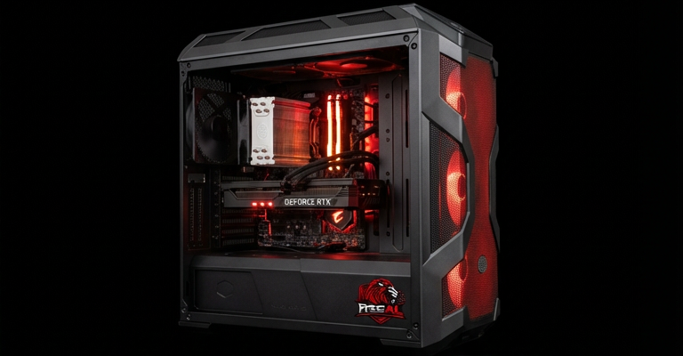 Custom gaming PC with red lighting and Regal branding