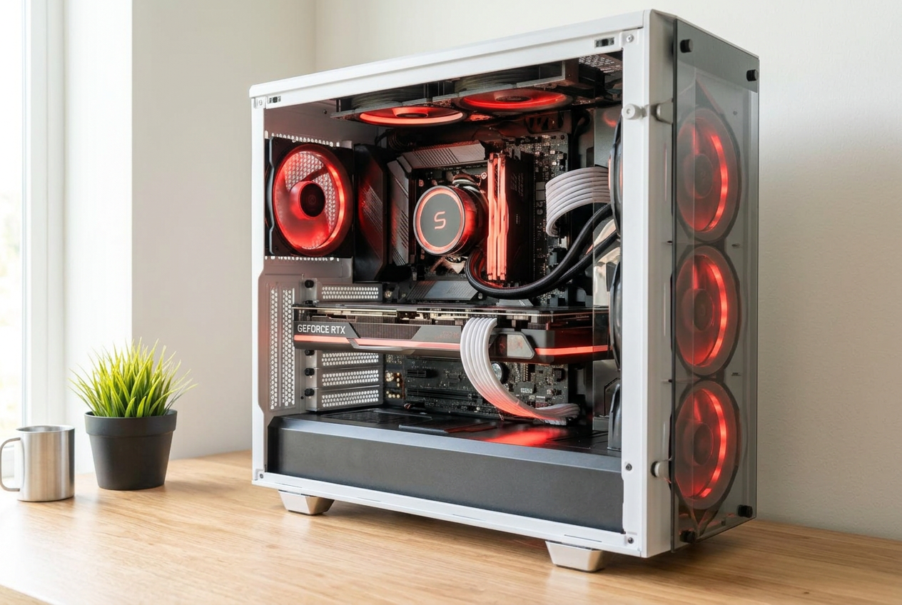 Custom-built PC with red lighting